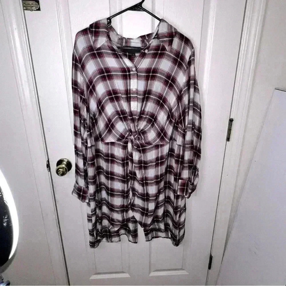EUC Lane Bryant Flannel Shirt Dress Size 18 Tunic Plaid Knotted Front High Low - Picture 1 of 6